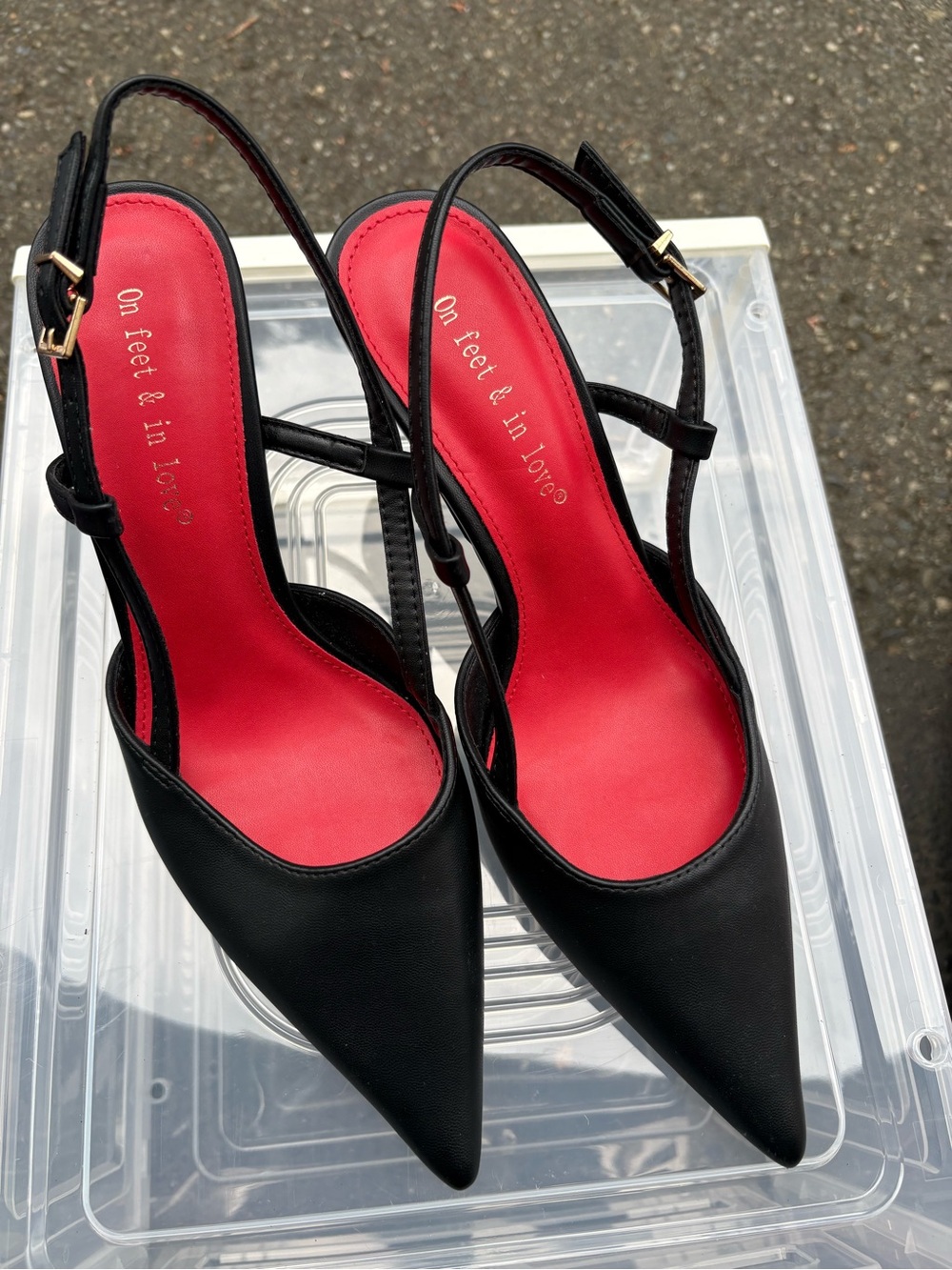 Black Pointed Slingback Heels with Red Insole